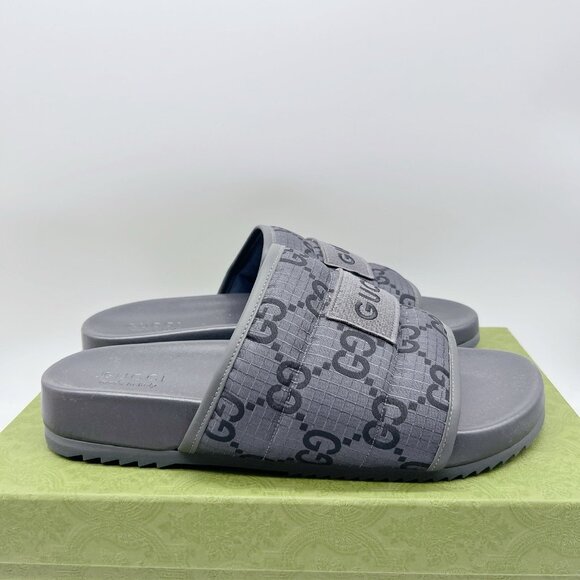 GUCCI Mens GG LOGO Ripstop Monogram Gray Slides Sandals 771466 Men UK 12 US 12.5 - Picture 7 of 16